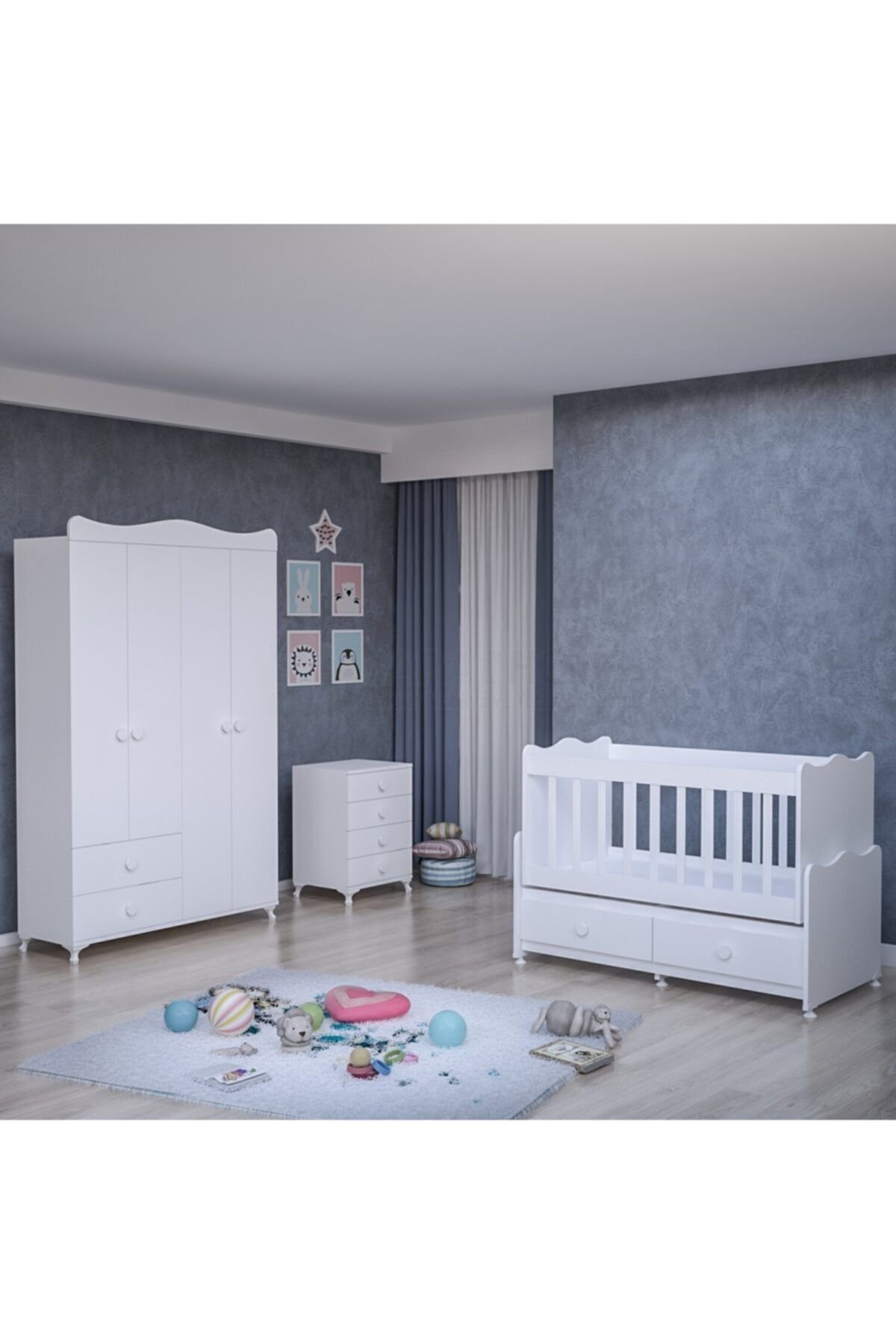 Beyaz Elegant Yıldız 4 Kapaklı Bebek Odası Takımı