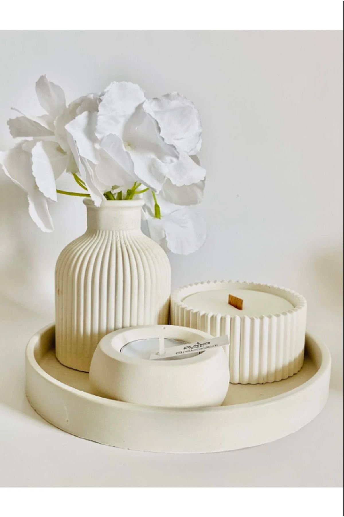 Beyaz Vazo Oval Tepsi / Kutuda Mum Ve Tealight Mumluk Dekorasyon Seti.